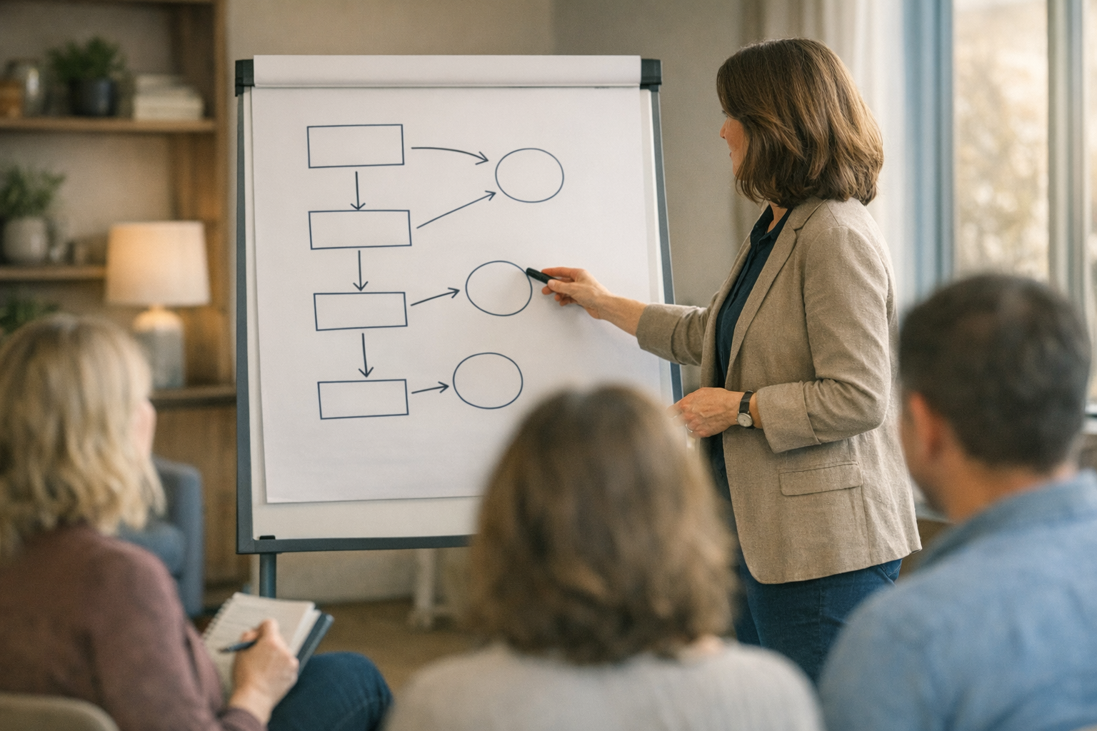 Group therapy practice clinical director leading therapist training on evidence-based modality implementation with supervision structure diagram visible