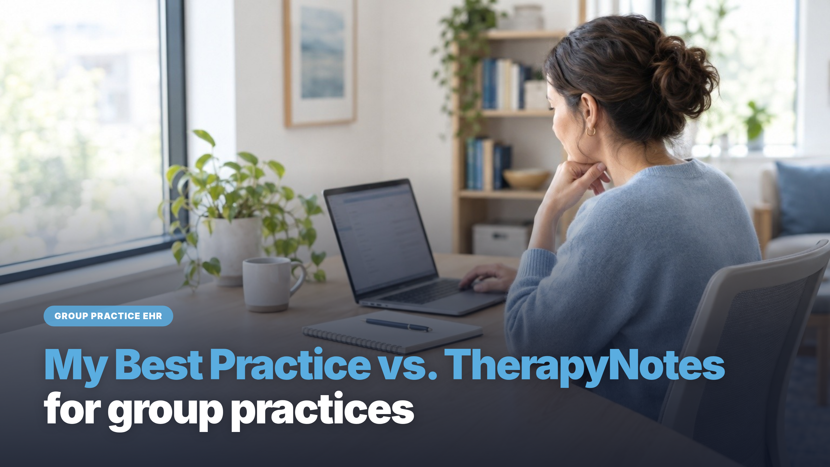 Practice manager comparing EHR pricing on a laptop in a bright group practice office