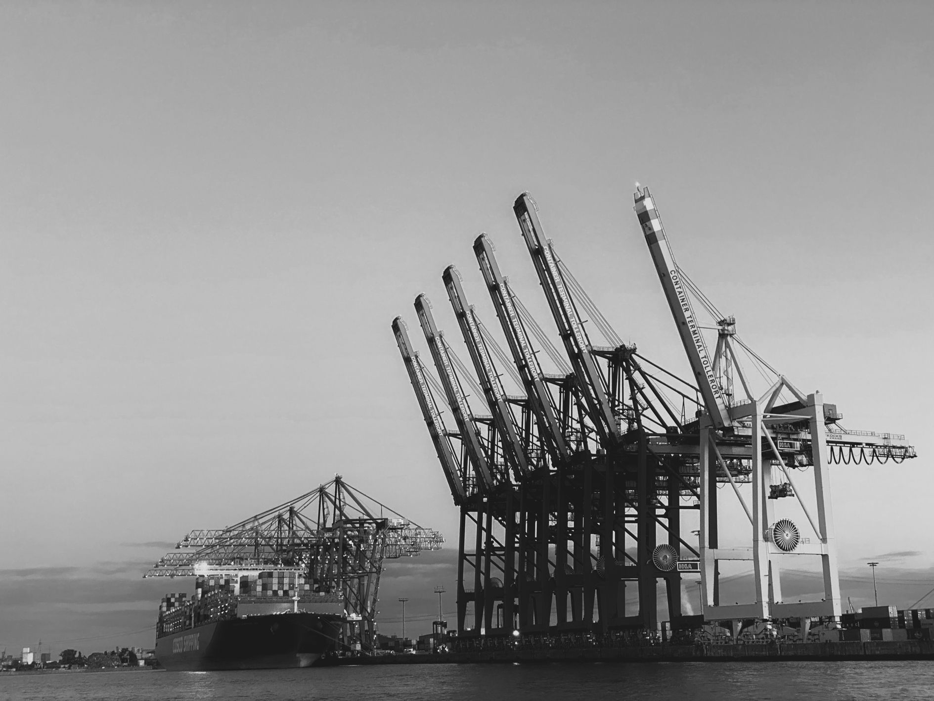 Black-and-white view of a container ship at a port with tall loading cranes