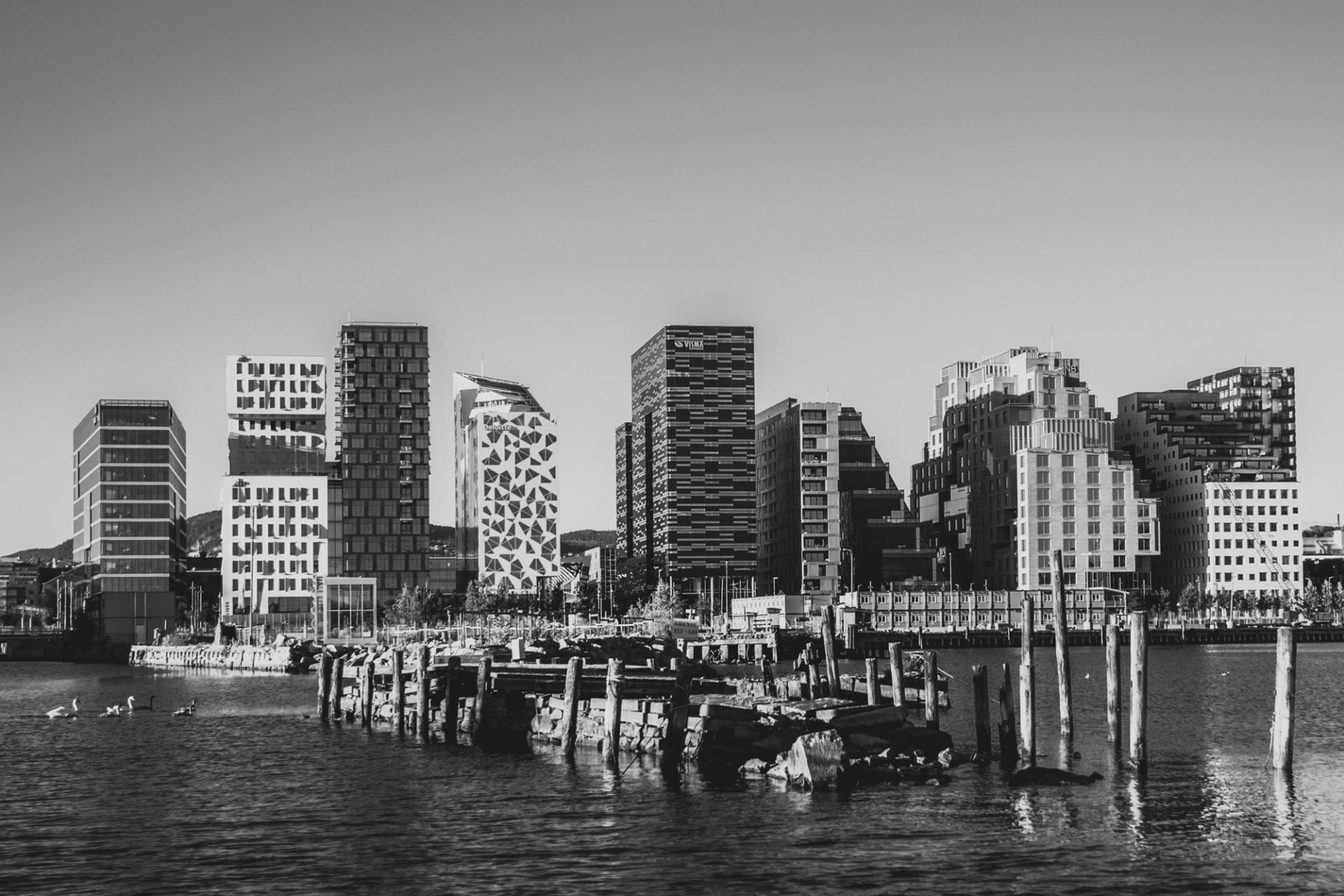 Black and white city skyline with modern high-rises along a waterfront and old piers