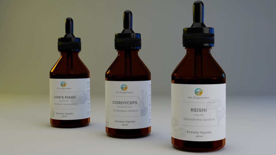 Modelagem 3D para produto "Extratos de Cogumelos"