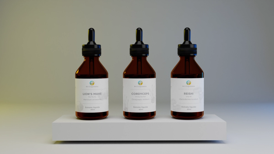 Modelagem 3D para produto "Extratos de Cogumelos"