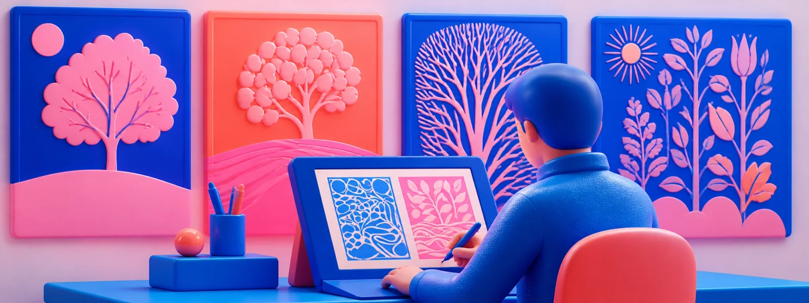 A designer working on a tablet, with 4 pictures on the wall each of a different season, summer fall, winter and spring.