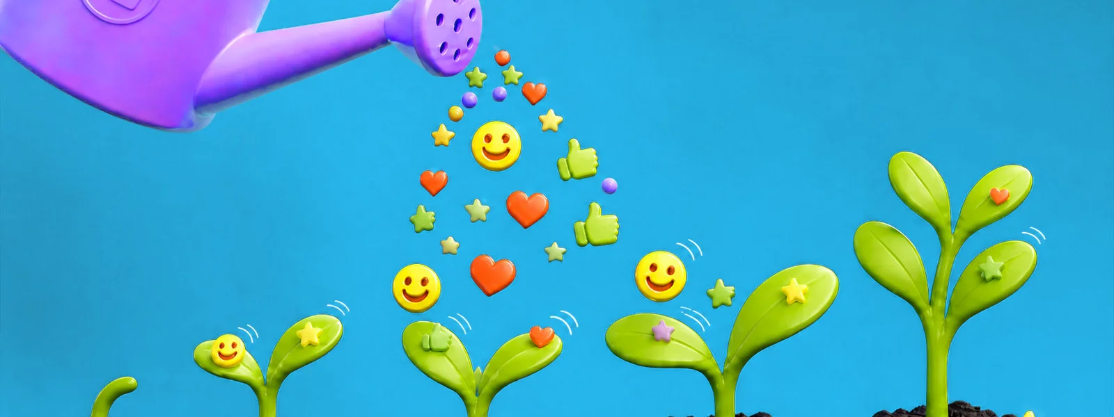 A watering can spreads emojis over sprouting plants