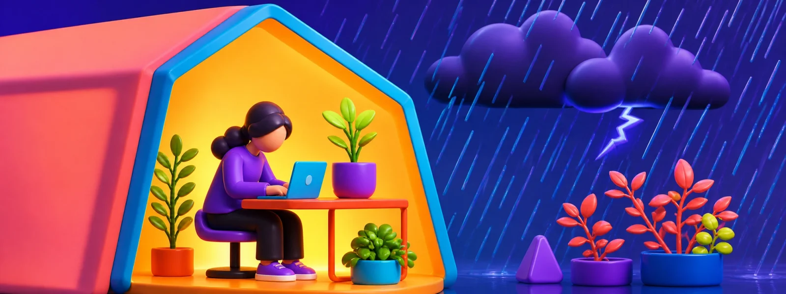 A fastidious designer working on her creation inside a tent sheltered from a storm.