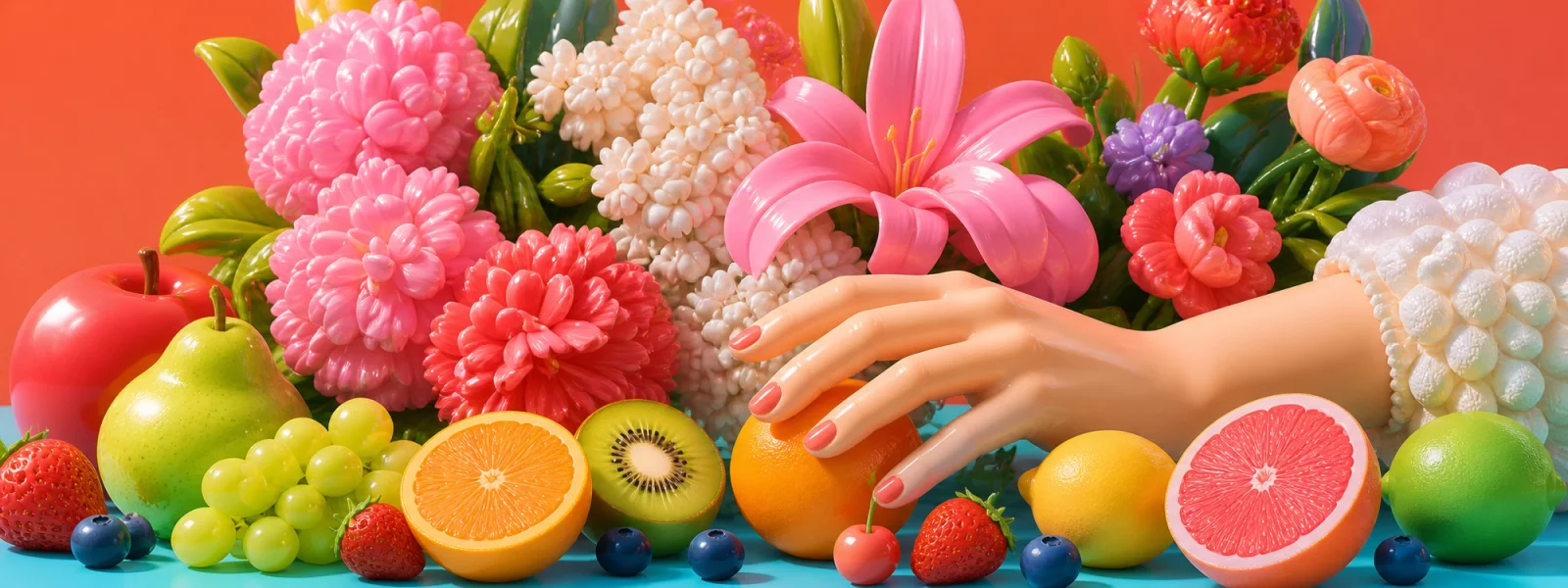 A creative leader's hand plucks a ripe orange from a bounty of bright fruits and flowers