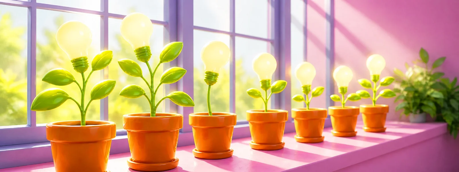 A row of plants blooming lighbulbs sit near a window with natural light filtering in.