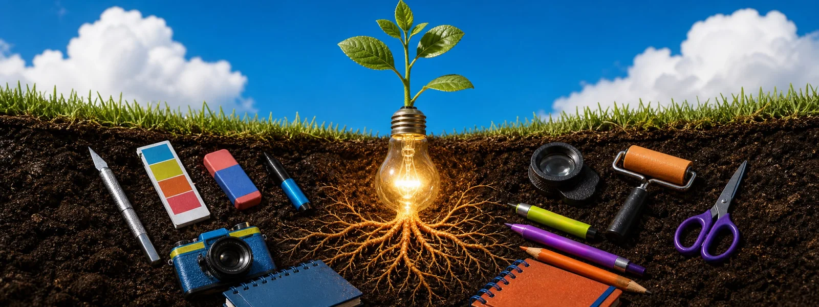 A lightbulb takes root in soil rich with creative tools (sketch pads, markers, scissors, xacto blades, color palettes)