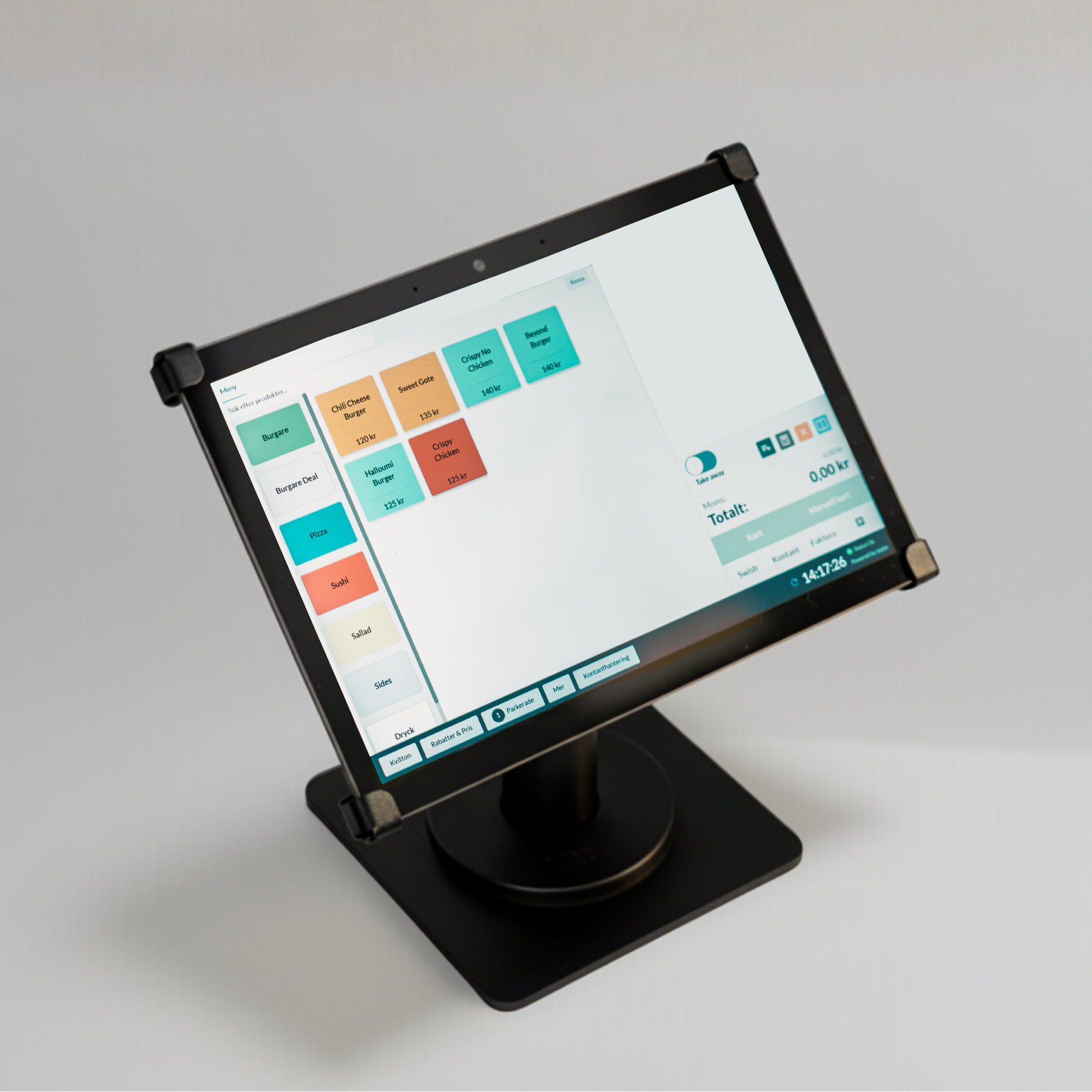 Qopla kassaregister med pekskärm som visar menyartiklar och beställningssystem för restaurang