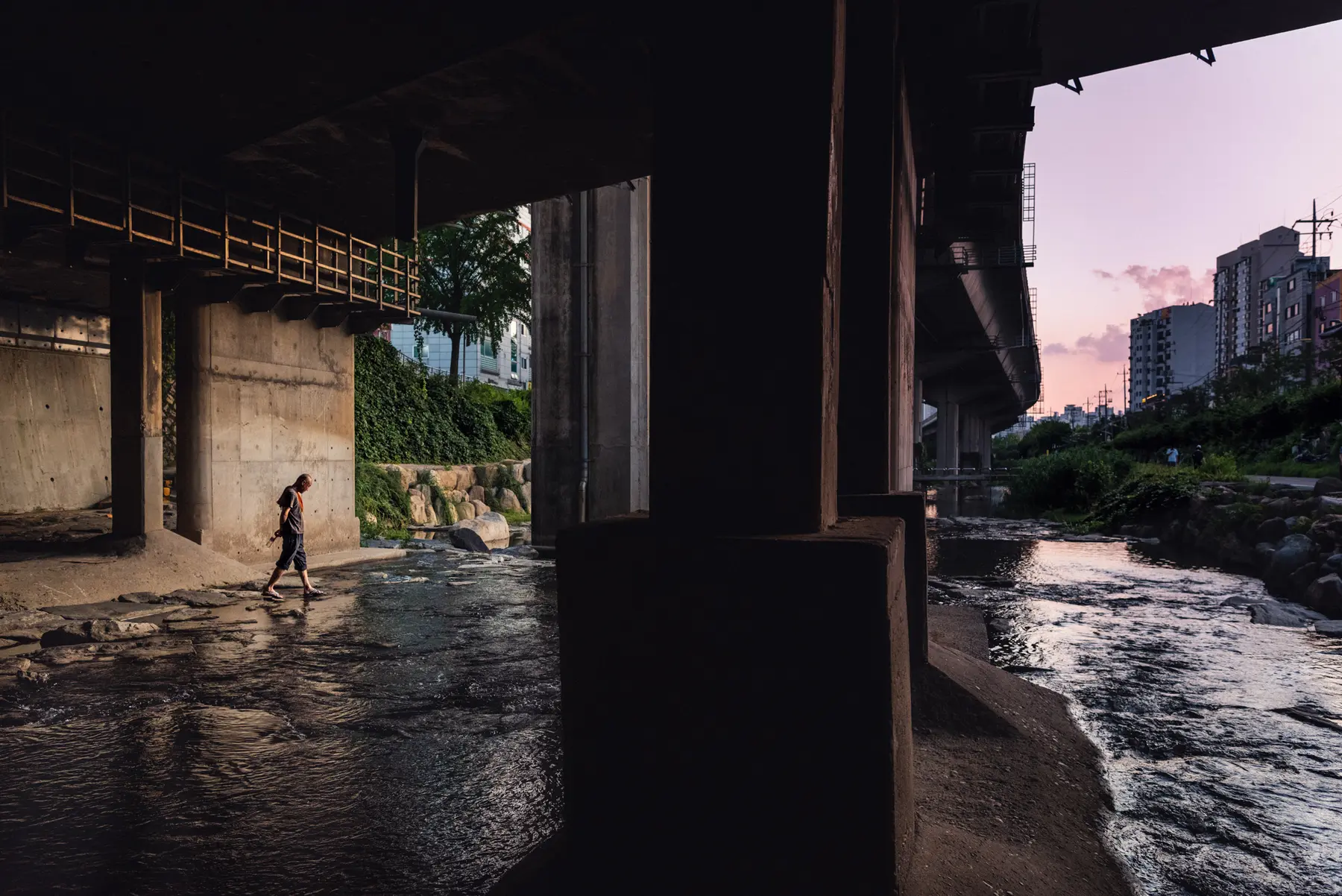 A lone Korean man walks under a bridge and through a stream at sunset at the Hongjecheon stream in Seoul