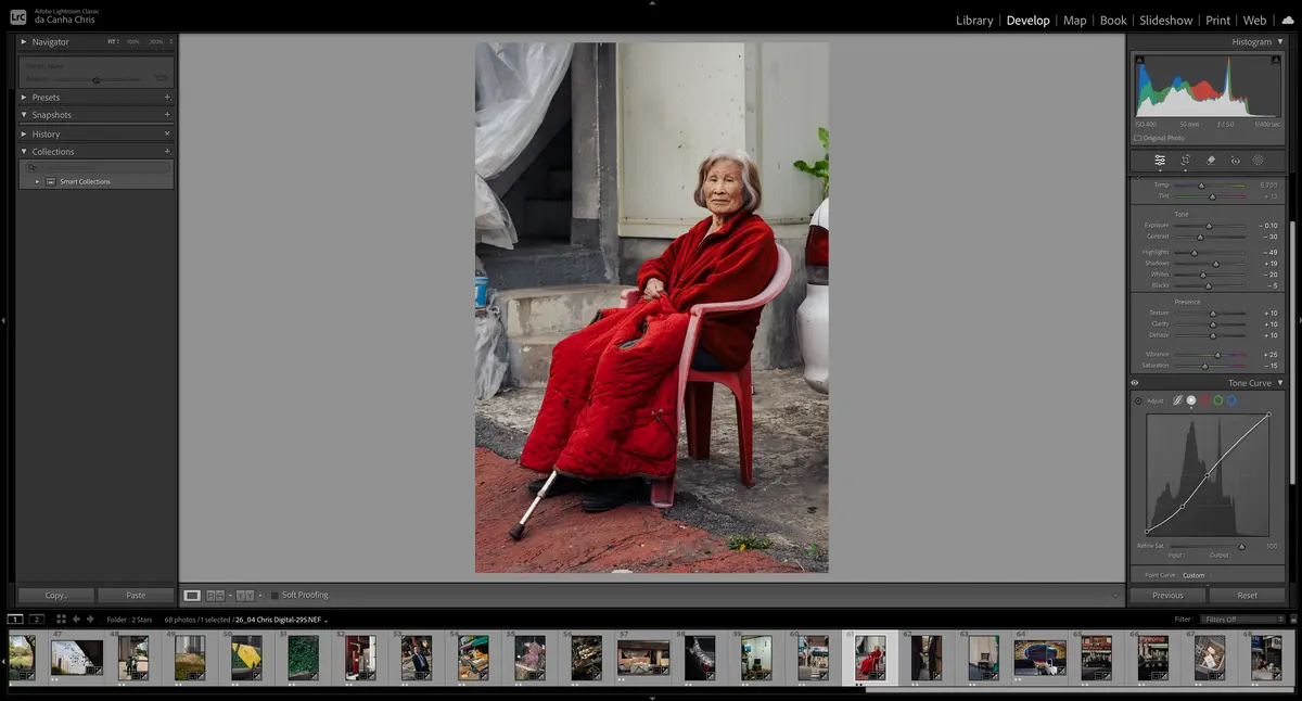 Screenshot of Lightroom editing process of a portrait photograph showing a lady dressed in red