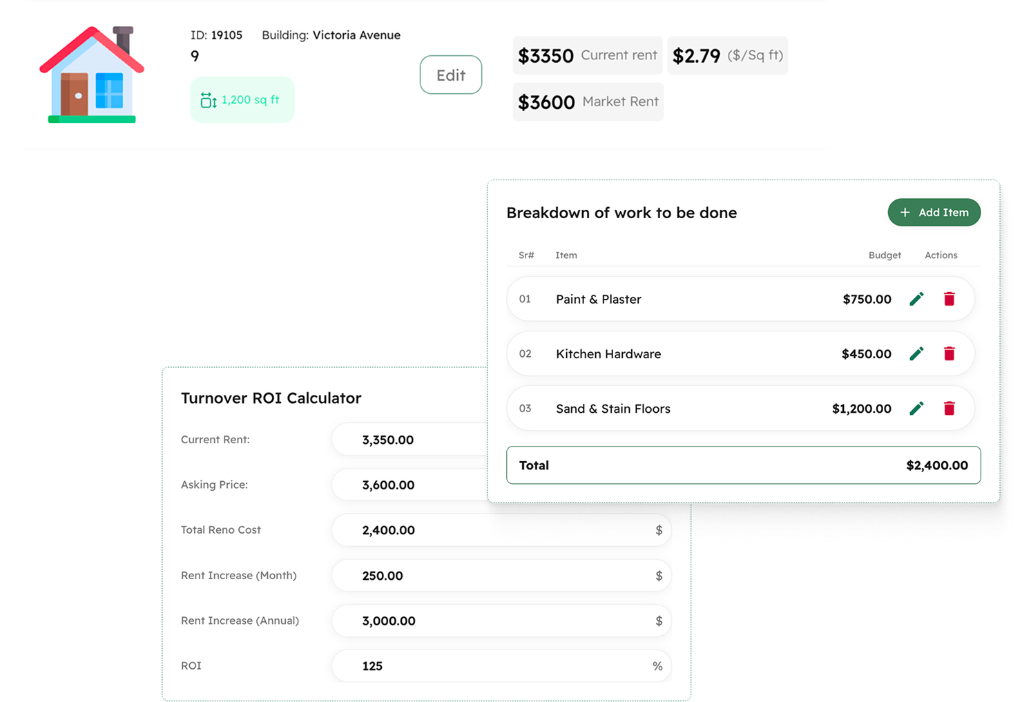 Kompas Turnover ROI calculator next to the breakdown of work to be done in a unit
