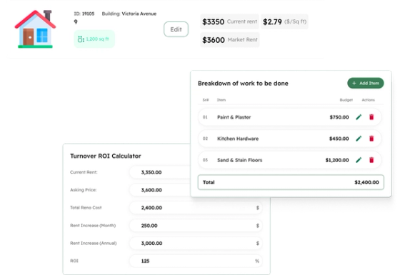 Kompas Turnover ROI calculator next to the breakdown of work to be done in a unit