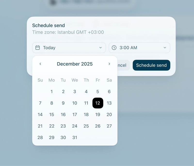 Fenêtre d’envoi programmé avec un calendrier de décembre 2025, le 12 sélectionné