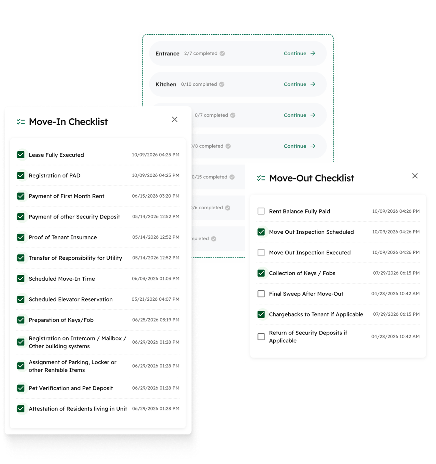 Kompas move-in and move-out checklists over the list of rooms to inspect