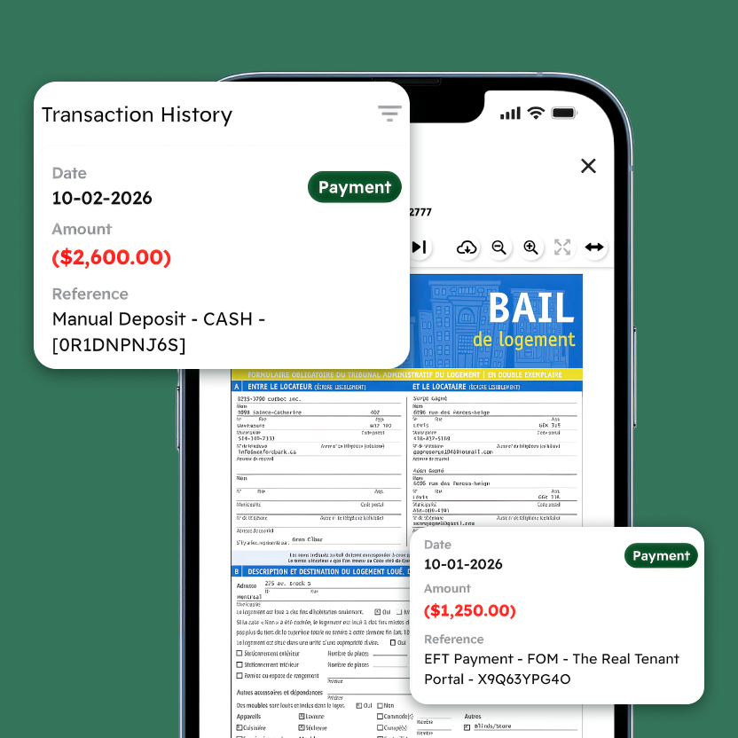 A Kompas tenant app on mobile: Automatic lease creation with rent Transaction History