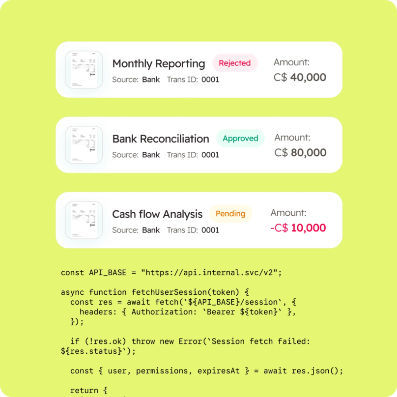 Synced reporting, bank reconciliation and cash flow entries above a sample of API code