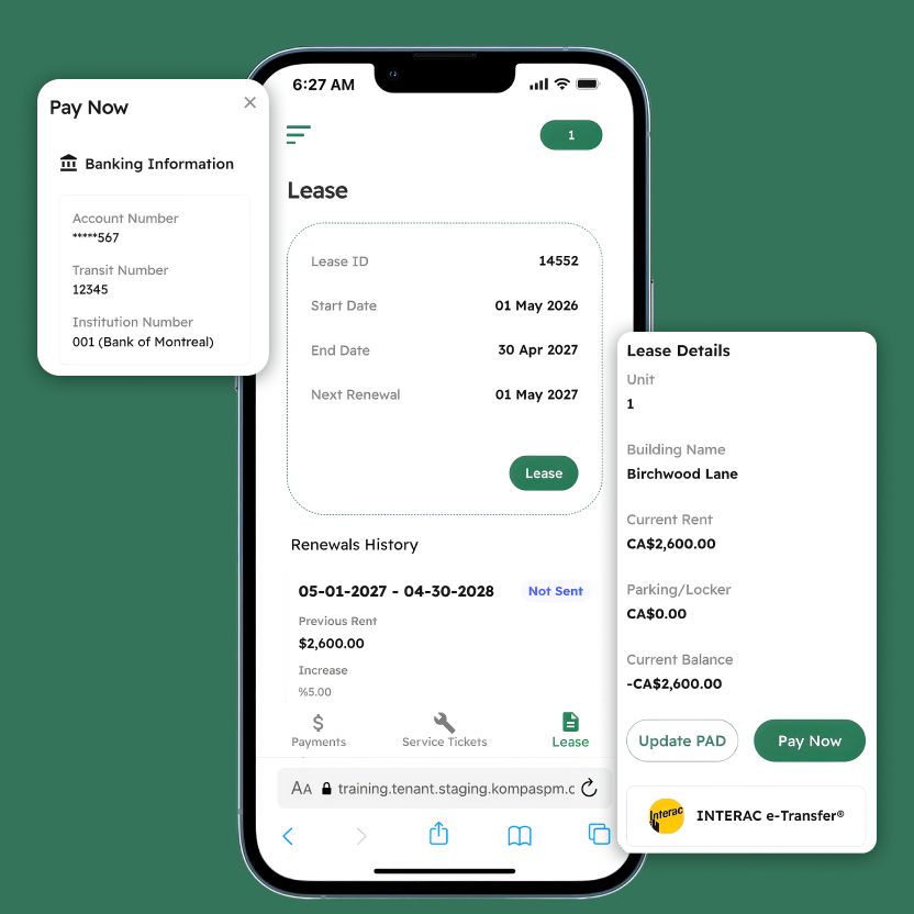 The Kompas tenant app on phone with two widgets: Lease details with Pay Now