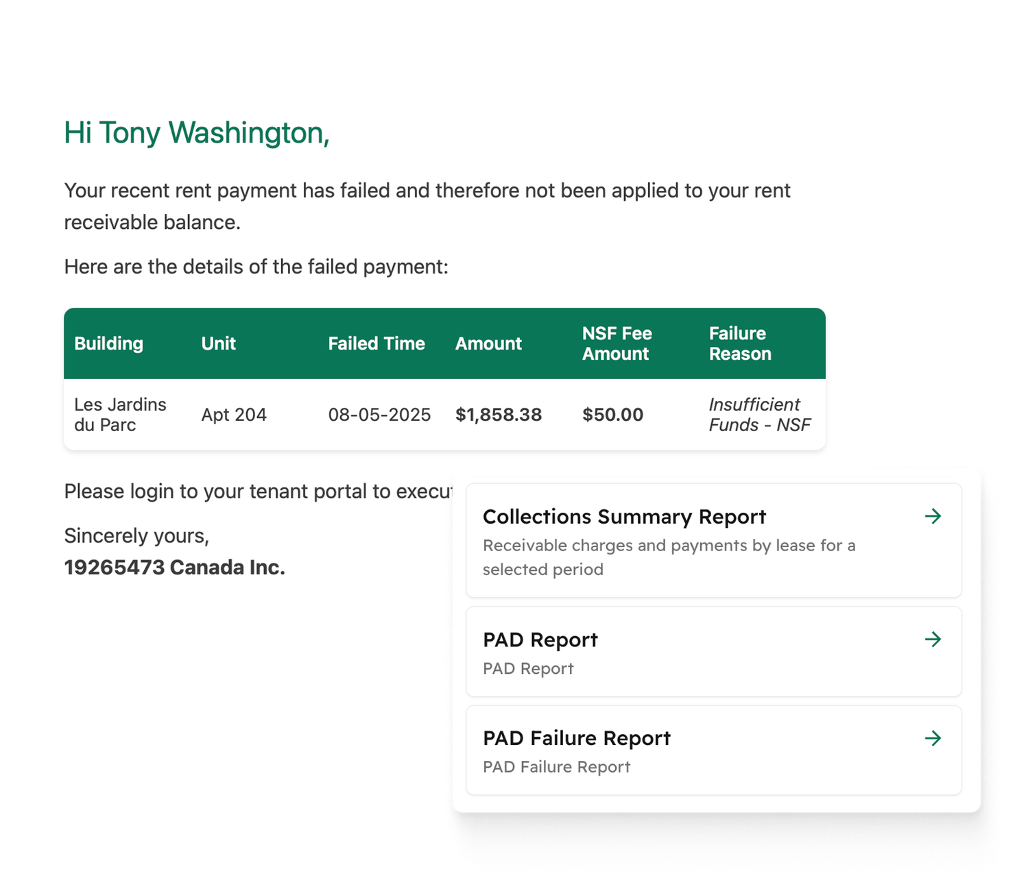 A failed rent payment email with the NSF fee, next to the Collections Summary, PAD and PAD Failure reports