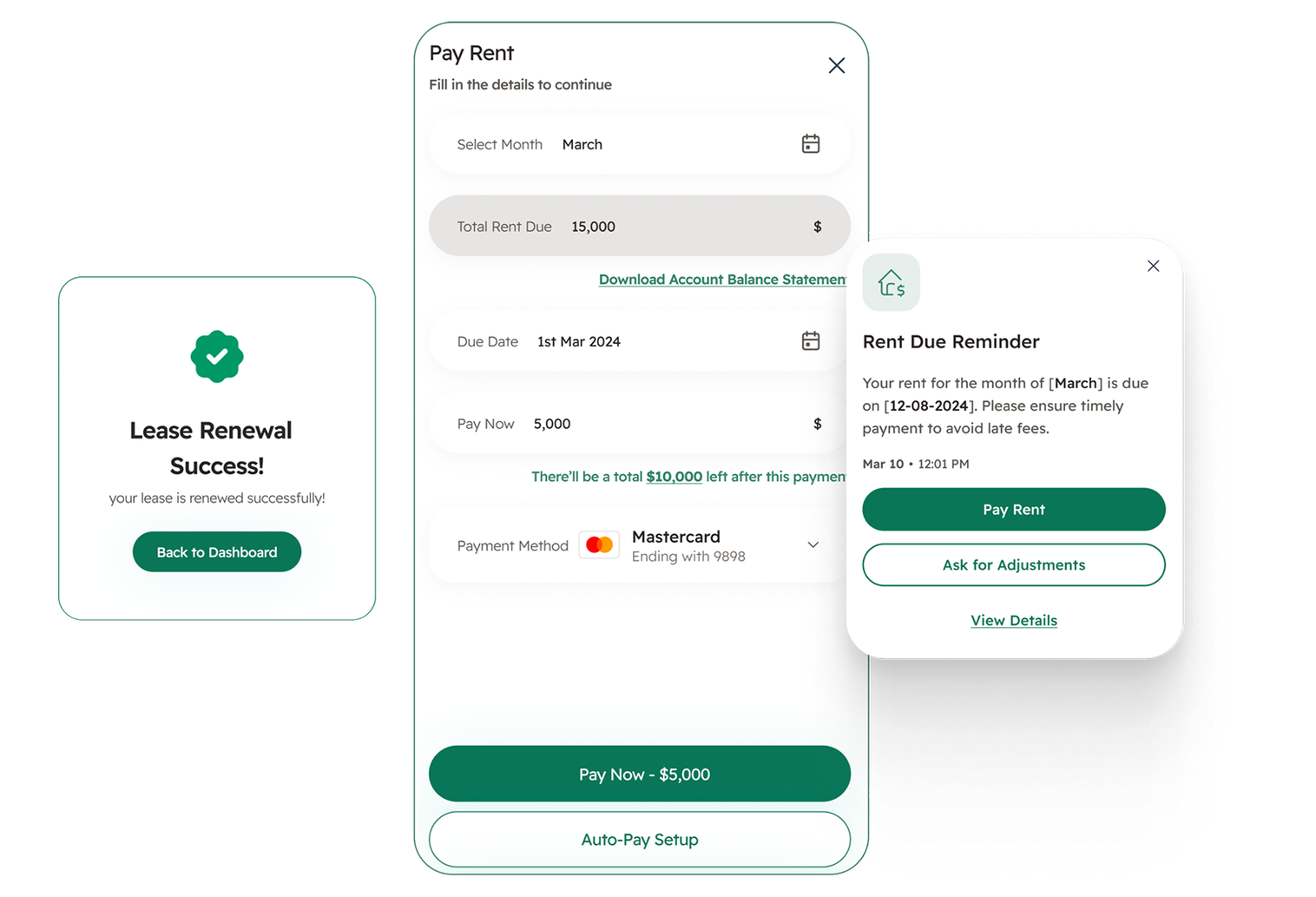 The Kompas tenant app: a Pay Rent form, a Rent Due Reminder and a Lease Renewal Success message