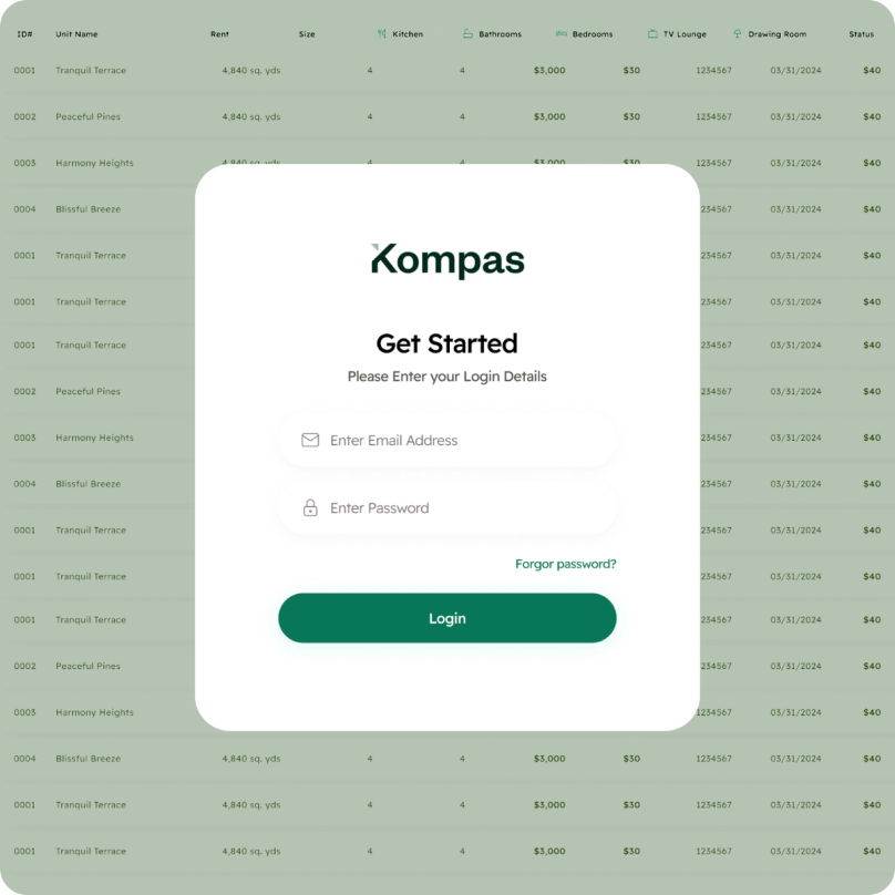 The Kompas sign-in screen over a list of imported units