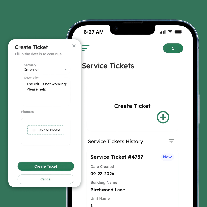 Service Tickets with a service ticket creation and history in the Kompas tenant portal