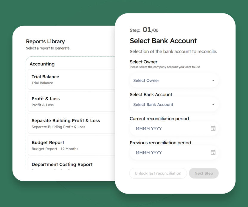 The Kompas bank reconciliation flow: a reports library next to step 1 of 6, Select Bank Account