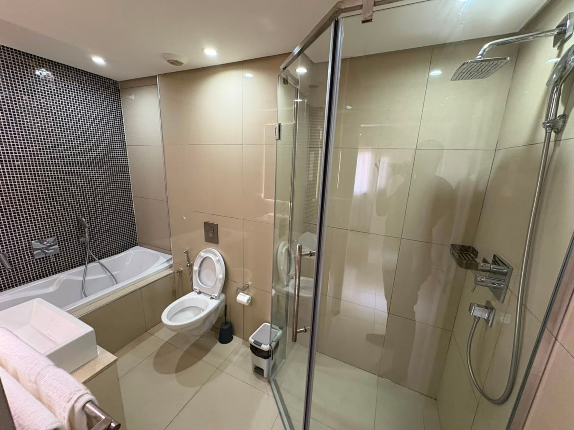 Salle de bain de ce duplex à Mermoz avec douche vitrée, baignoire, mosaïque foncée et carrelage beige