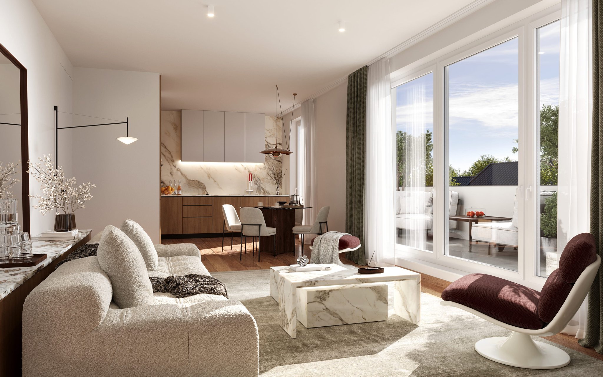 Offenes Wohnkonzept in einem Loft der Lutteroth Lofts mit eleganter Einrichtung, hellem Holzboden und hochwertigen Materialien.