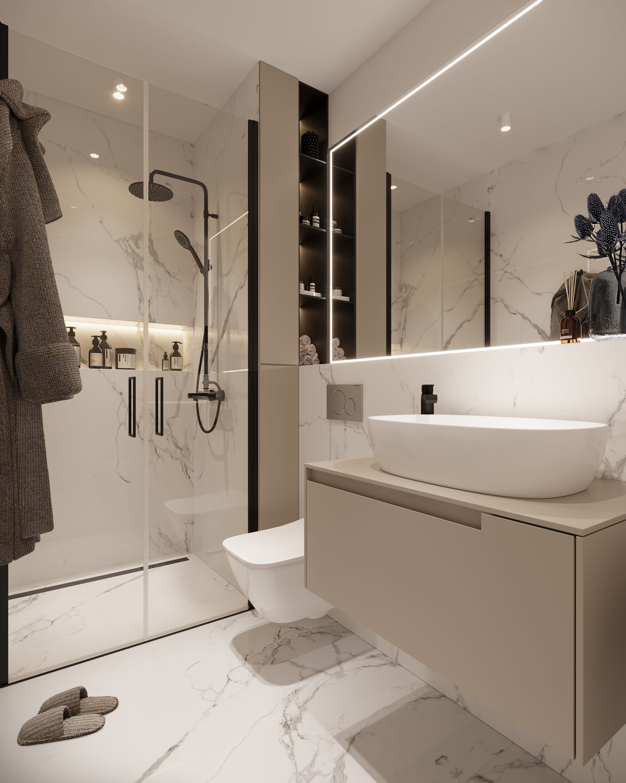 Badezimmer-Visualisierung mit hochwertigen Materialien und zeitgemäßem Design im Brahmsallee Projekt.