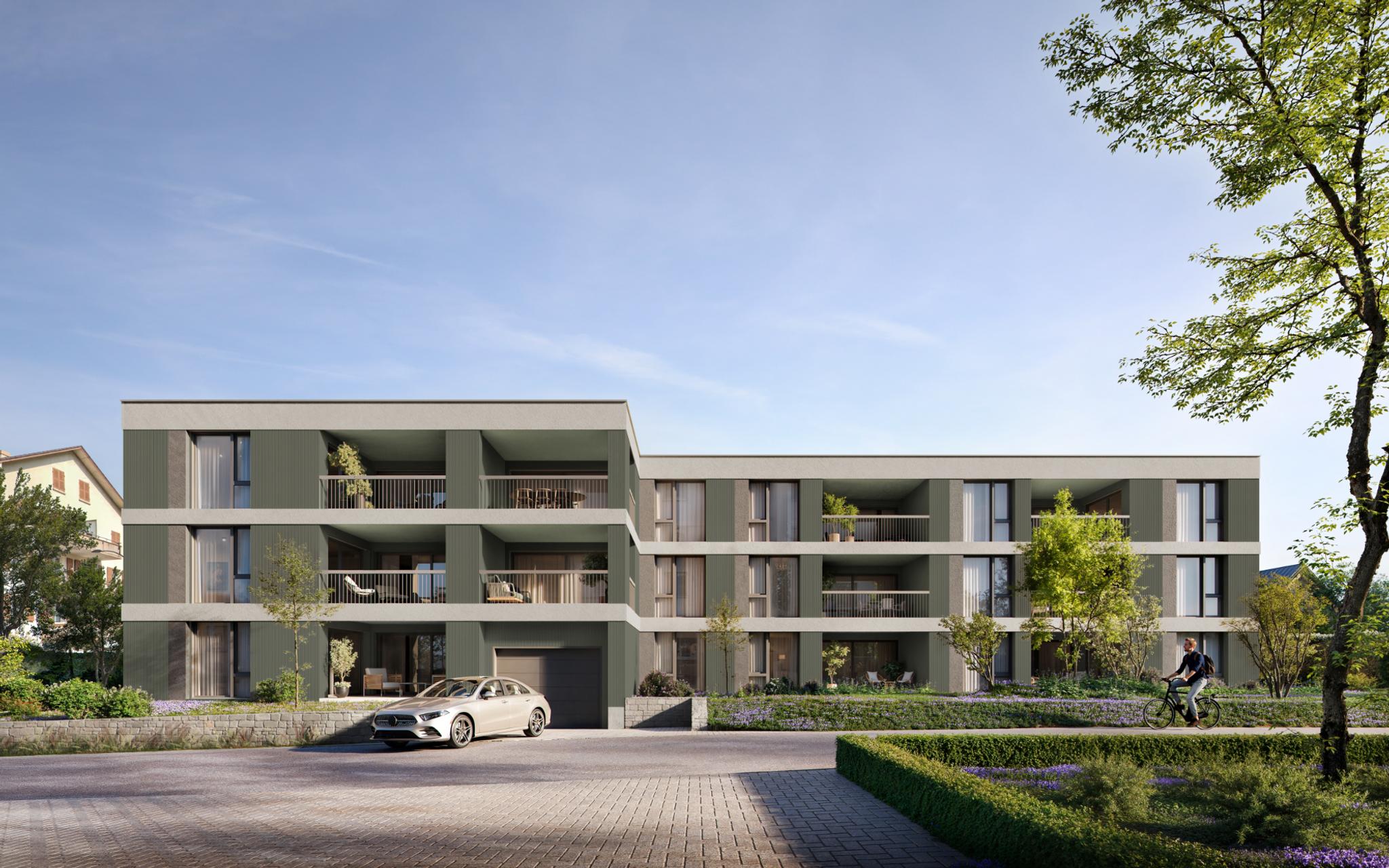 Photorealistic 3D rendering of Aventis Neuenhof, showing the modern façade with clean lines, surrounded by lush greenery and purple groundcover flowers.