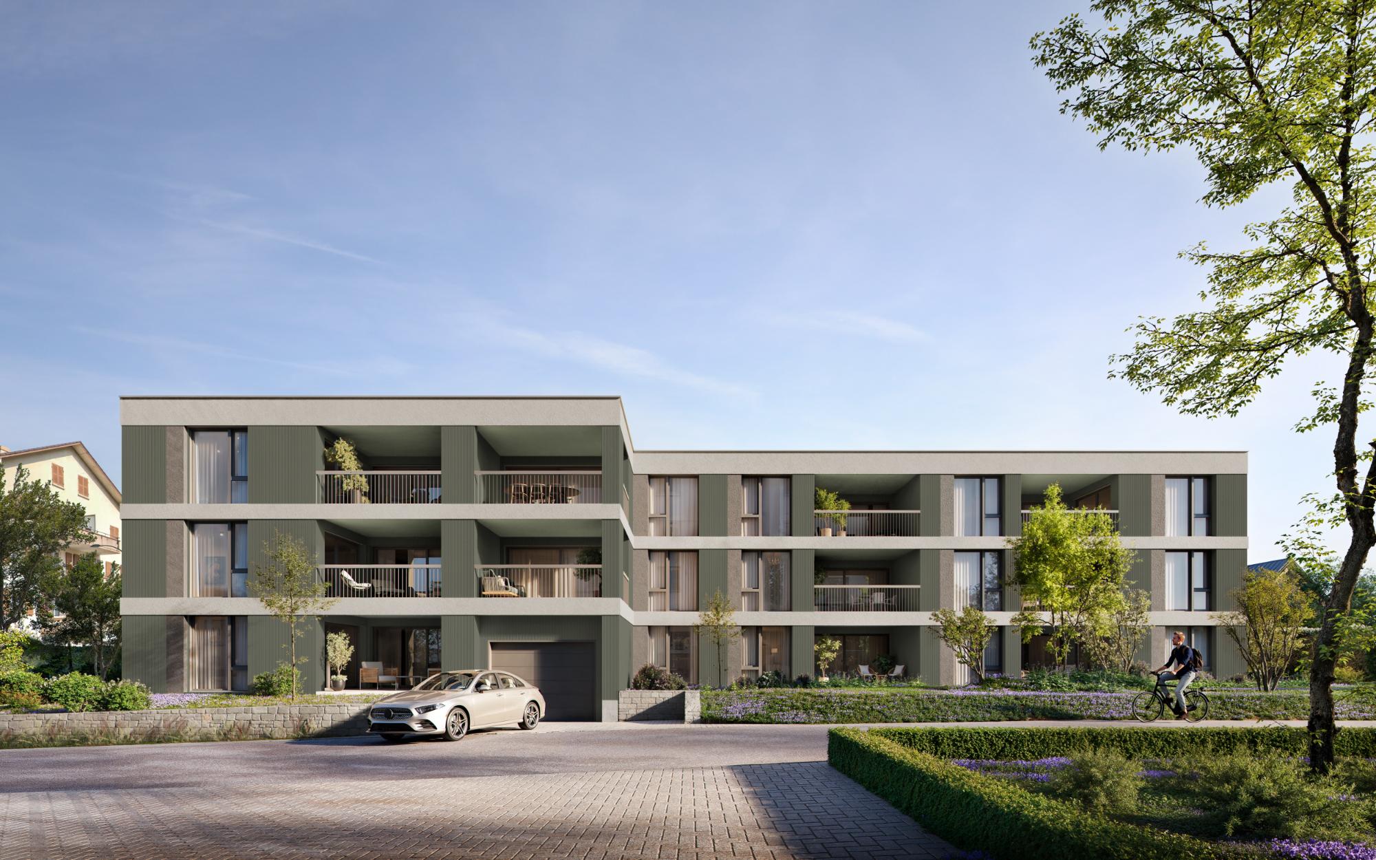 Photorealistic 3D rendering of Aventis Neuenhof, showing the modern façade with clean lines, surrounded by lush greenery and purple groundcover flowers.