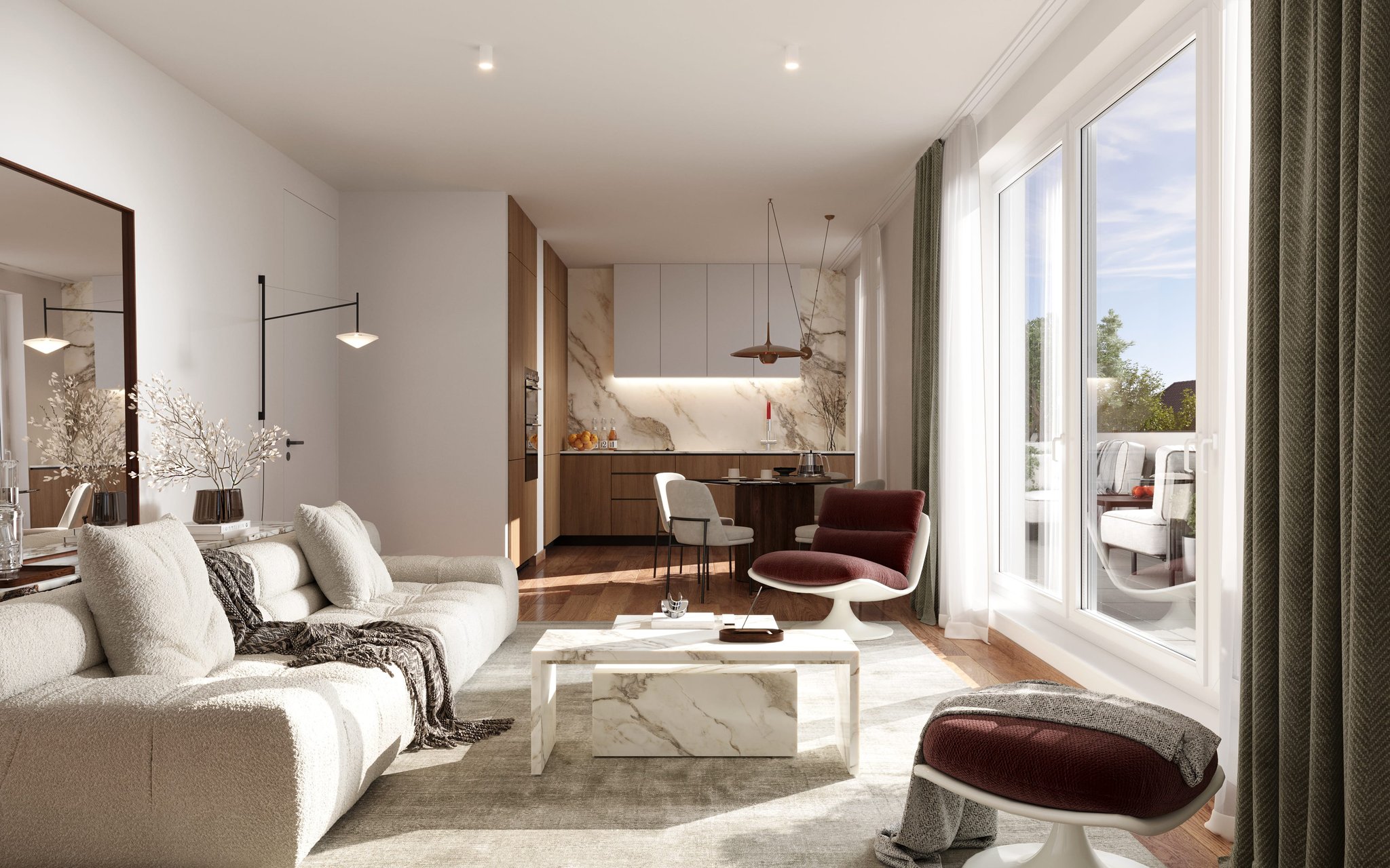Küche des Lofts mit modernen Geräten, einer eleganten Marmorwand und stilvollem Essbereich.