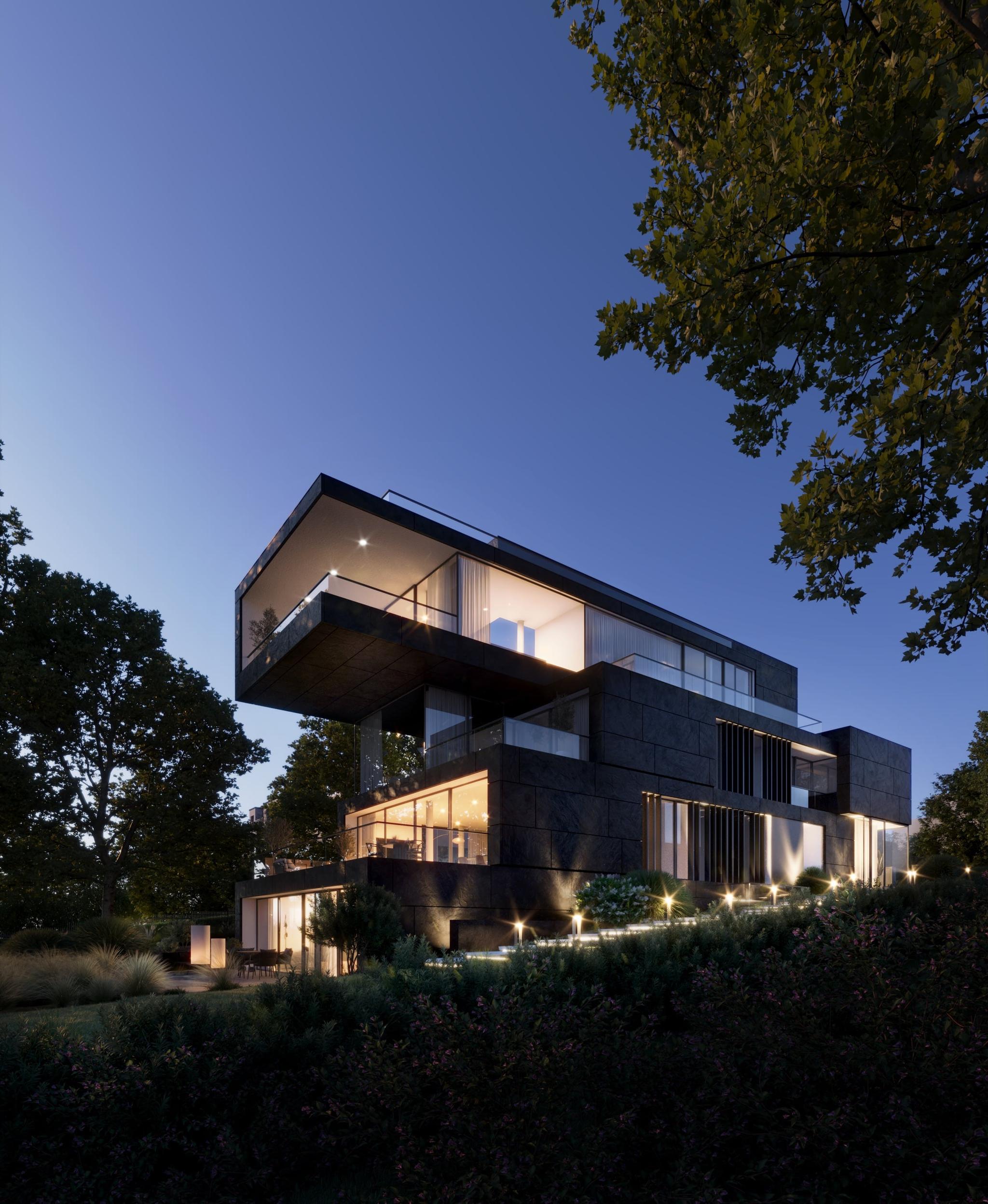 3D Architektur Außenvisualisierung des luxuriösen, exklusiven Mehrfamilienhauses am See in Wannsee Berlin Deutschland