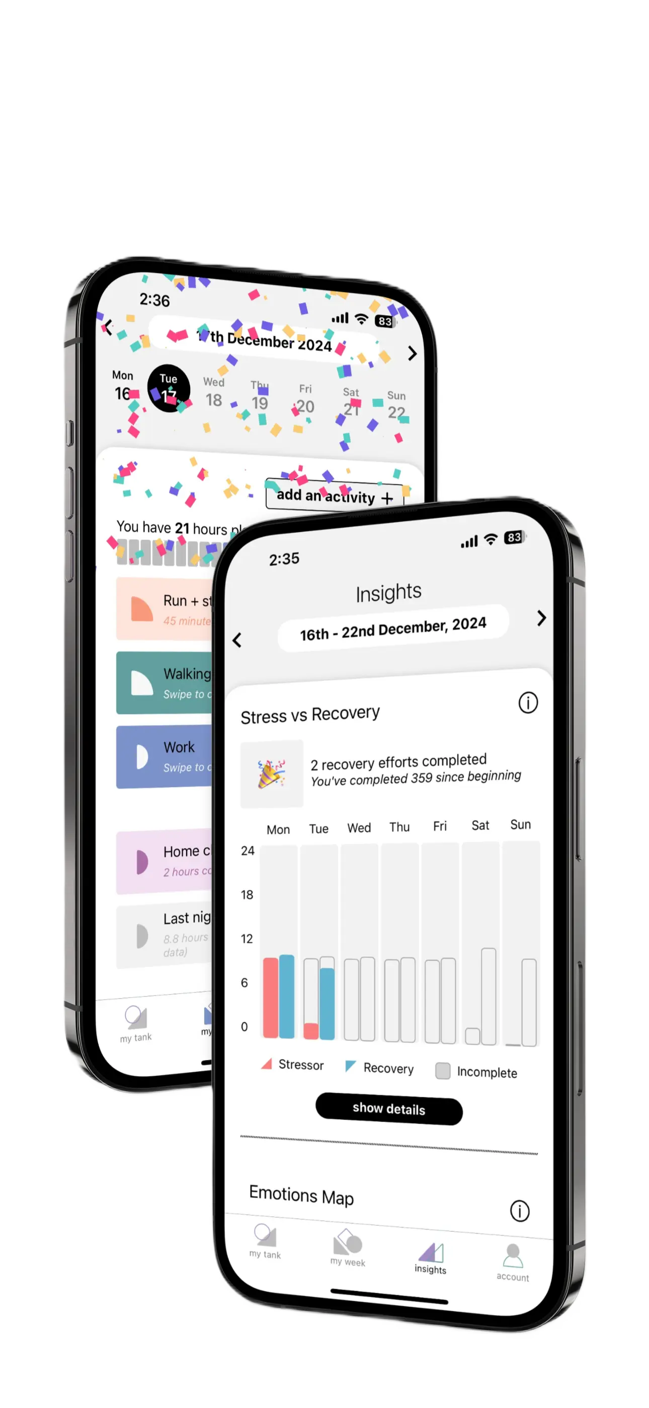 phone screens showing the "My week" and "Insights" tabs in the TANK app 