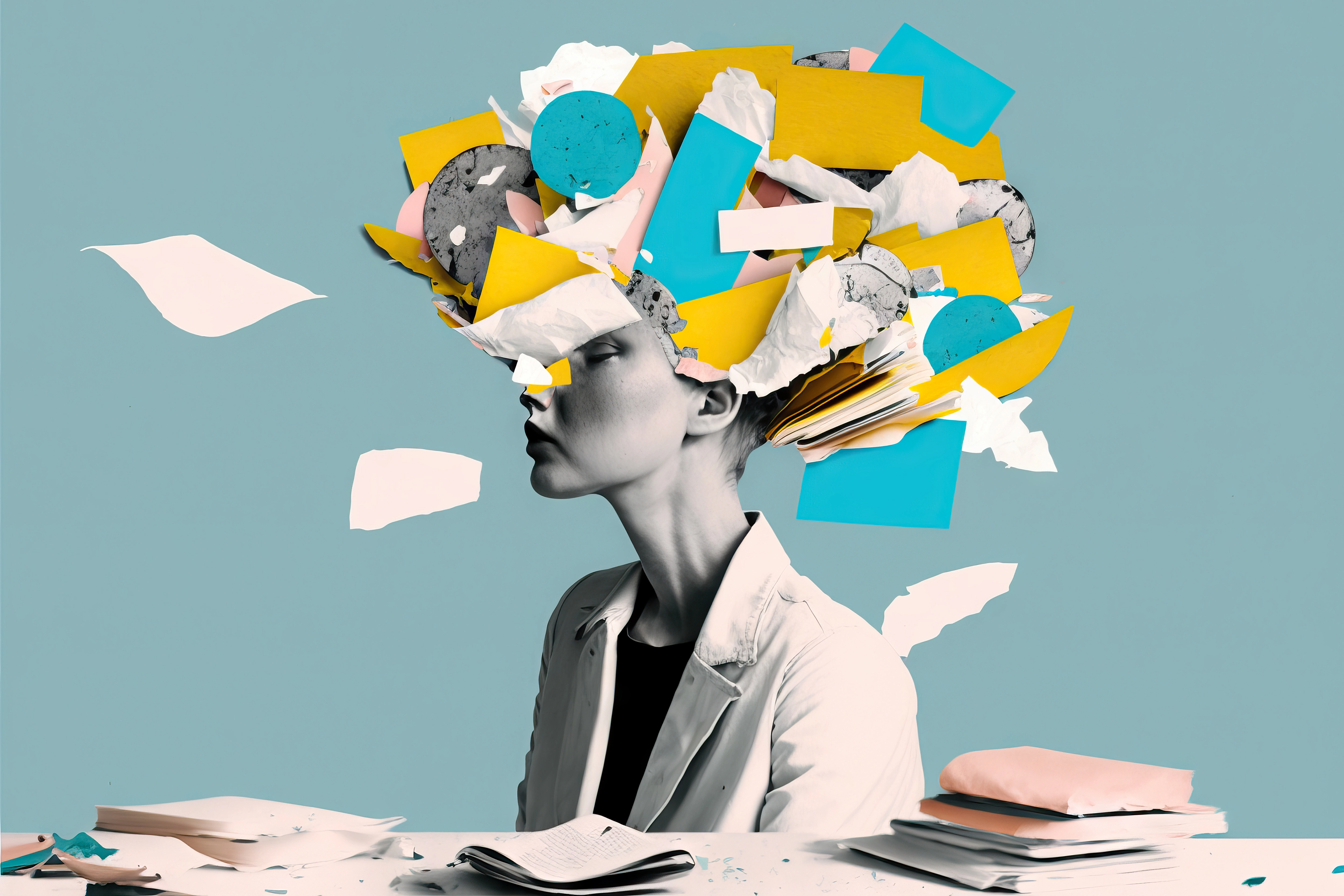 a stylised collage of a woman whose head is weighed down by a mass of post-it notes and other documents