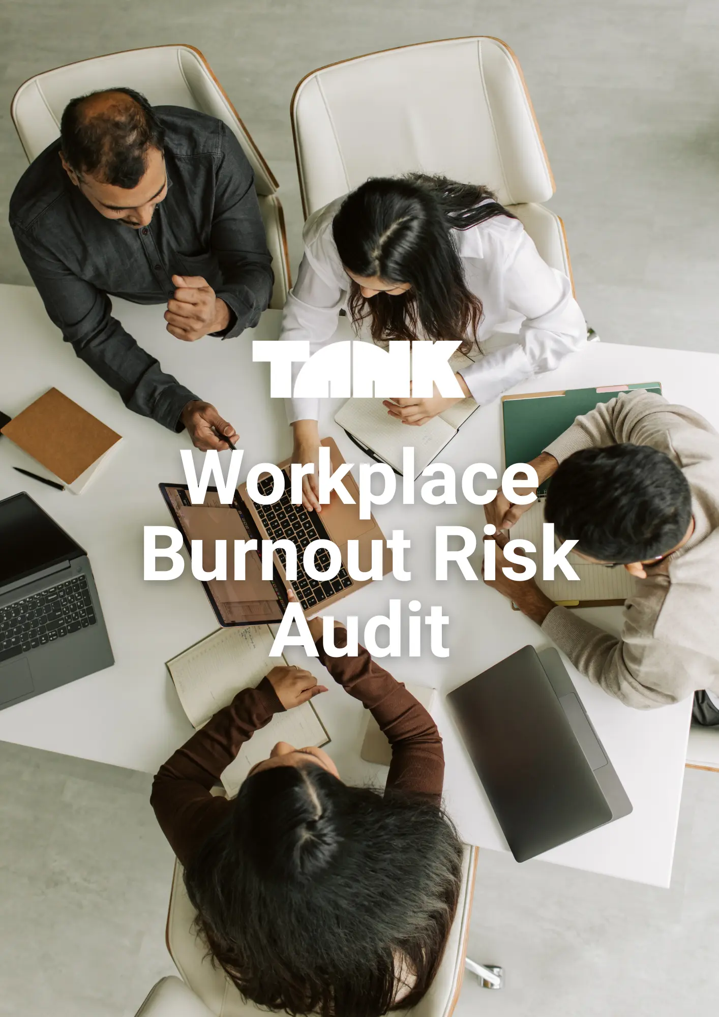 Workplace Burnout Risk Audit text overlaid an image of a group of people working at a table