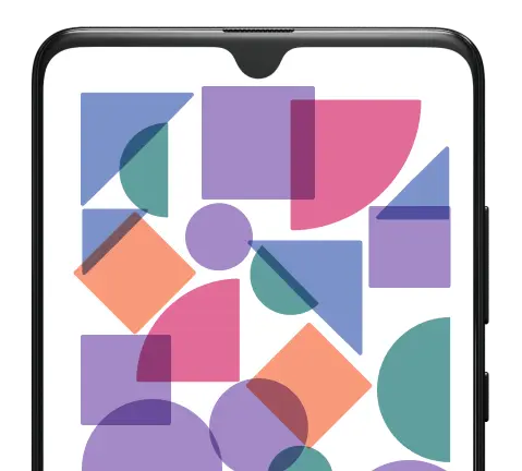 Abstract art featuring various coloured shapes scattered about a phone screen