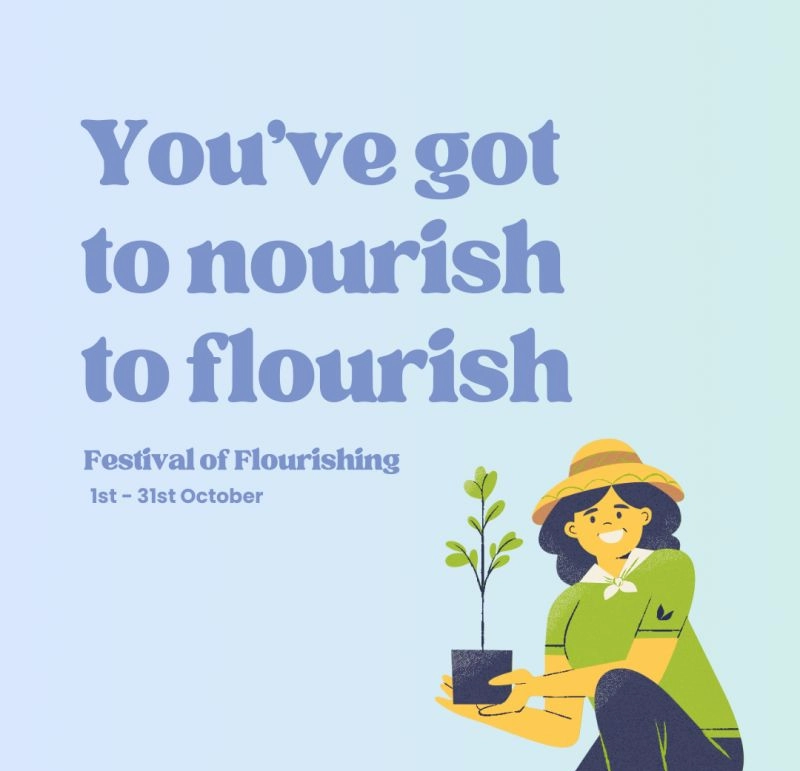 Festival tile with a smiling woman holding a plant next to the tagline "you've got to nourish to flourish"