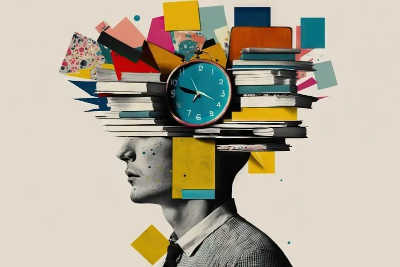 Abstract art of a man with a lot of books and a clock bursting out of his head