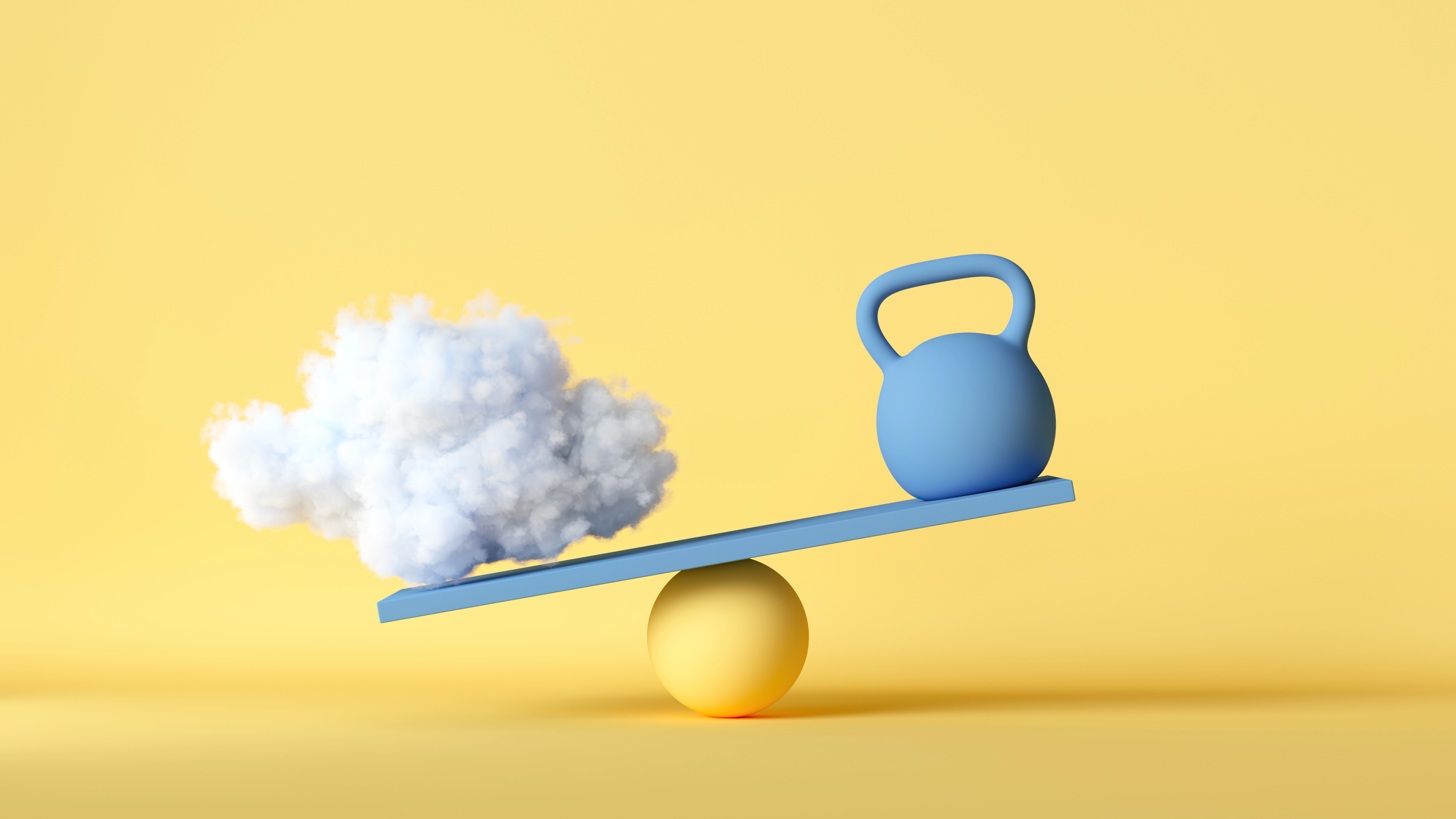 a 3D image of a blue kettle bell weight balancing a fluffy white cloud against a yellow background