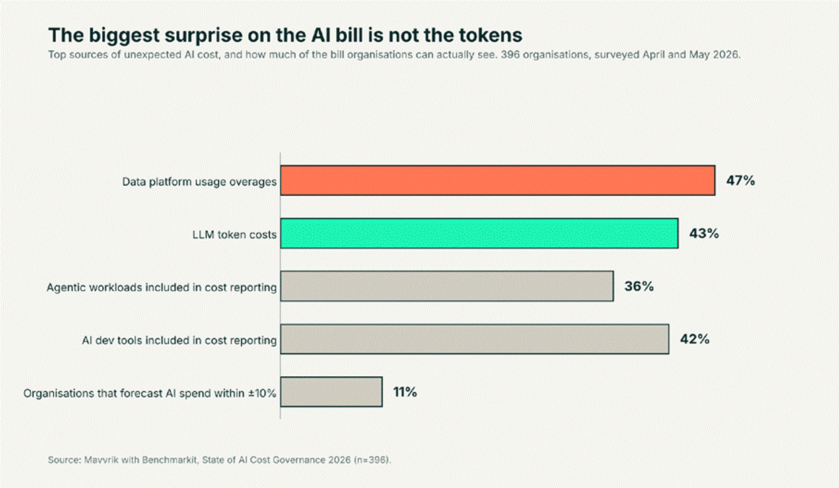 Chart showing which AI cost categories organisations track versus which ones surprise them, from the Mavvrik 2026 survey