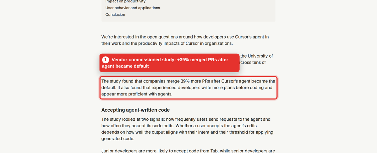 Cursor's published study with a University of Chicago researcher showing a 39% increase in merged pull requests