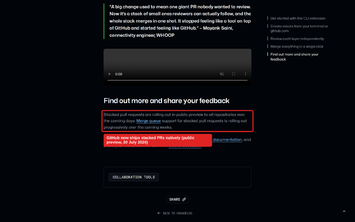 GitHub changelog confirming stacked pull requests entered public preview on 30 July 2026