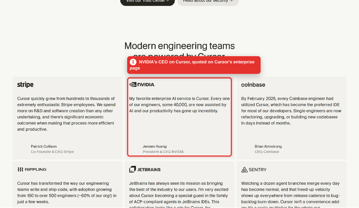 NVIDIA's CEO and Coinbase quoted on Cursor's enterprise page