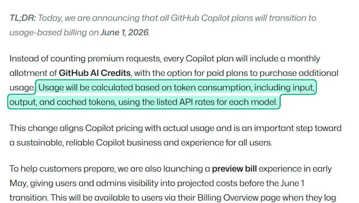 GitHub announcement that all Copilot plans move to usage-based billing on June 1, 2026, calculated on input, output and cached tokens