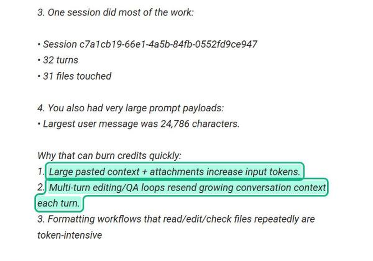 A user's usage breakdown: a 32-turn session touched 31 files, and pasted context plus multi-turn editing loops resend a growing context each turn