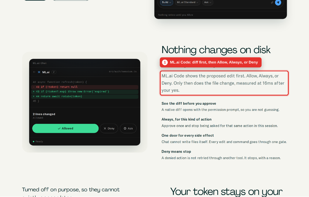 ML.ai Code opens the diff first and changes nothing until you choose Allow
