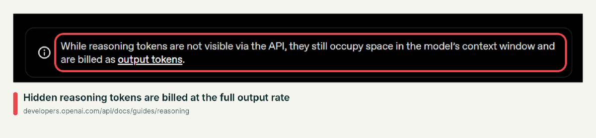 OpenAI docs excerpt: reasoning tokens are not visible through the API but fill the context window and are billed as output tokens