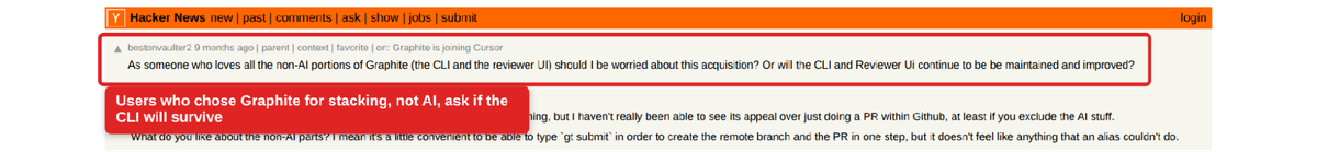 Hacker News comment asking whether the Graphite CLI would survive the Cursor acquisition